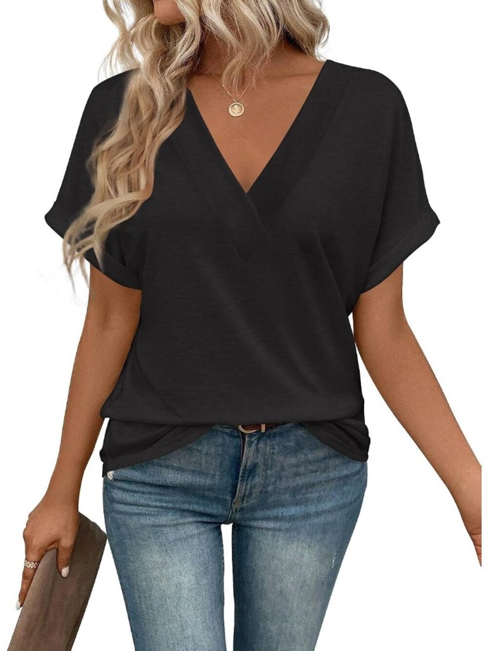 Women's Black V Neck Short Sleeve Shirts Lightweight Summer Casual Trendy Blouse